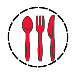 murder mystery dinner Icon for dinner suggestions red, black in a black dotted circle