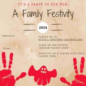 murder mystery email invite template tan & red with hand prints & logo