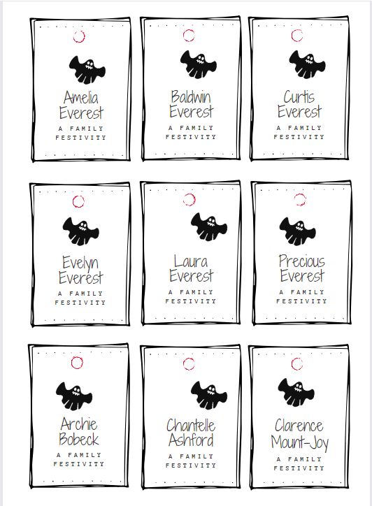 A Family Festivity - A Murder Mystery Dinner Game. The image is a collection of name tags with the names of all the characters on it. Black & white with a small black cartoon ghost logo on it.